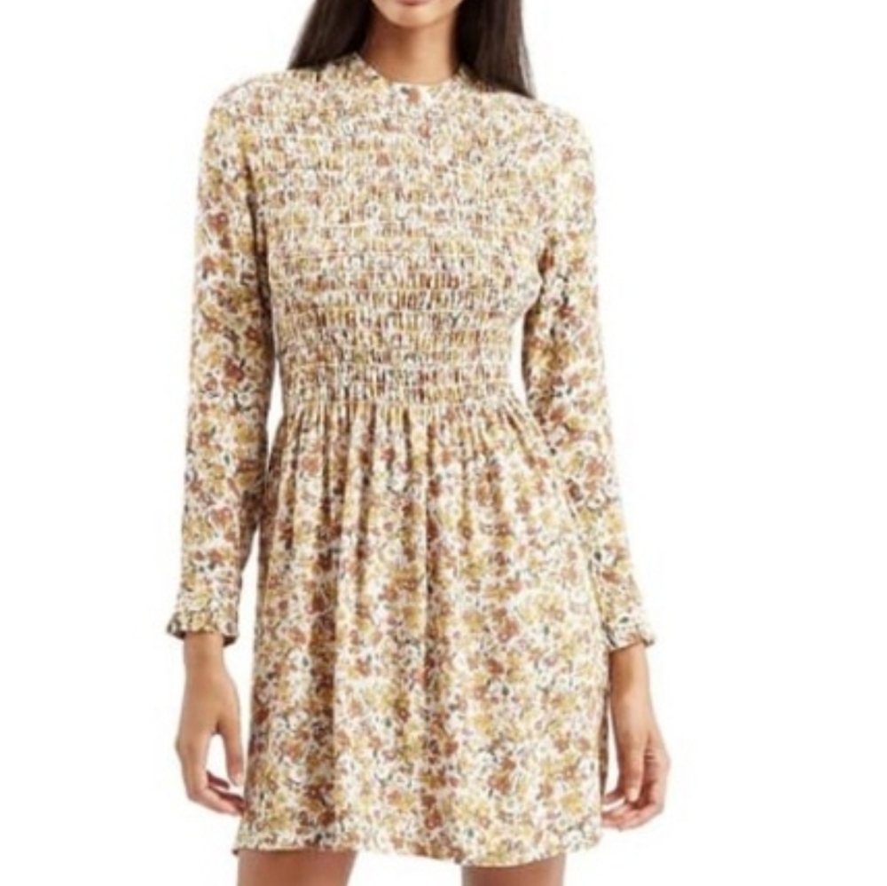 Topshop Muted Floral Smocked Yellow Green Dress 6